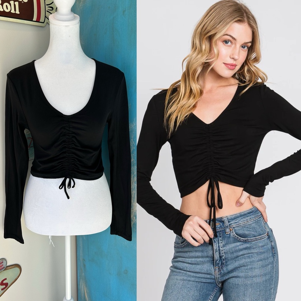OFFLINE By Aerie Real Me Ruched Front Black Long Sleeve Top